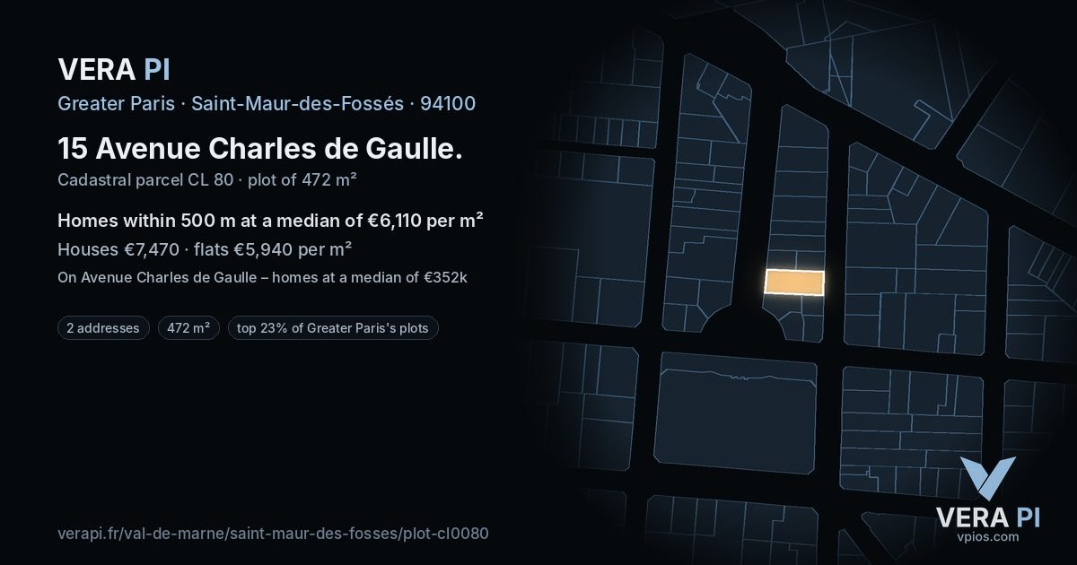 15 Avenue Charles de Gaulle, Saint-Maur-des-Fossés at night – the plot lit, the parcels around coloured by the prices near them