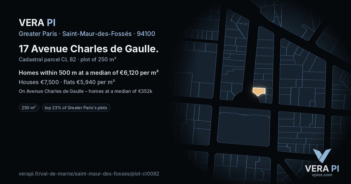 17 Avenue Charles de Gaulle, Saint-Maur-des-Fossés at night – the plot lit, the parcels around coloured by the prices near them