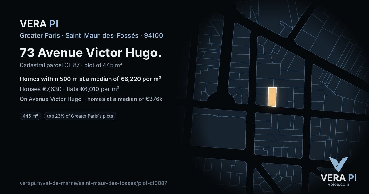 73 Avenue Victor Hugo, Saint-Maur-des-Fossés at night – the plot lit, the parcels around coloured by the prices near them
