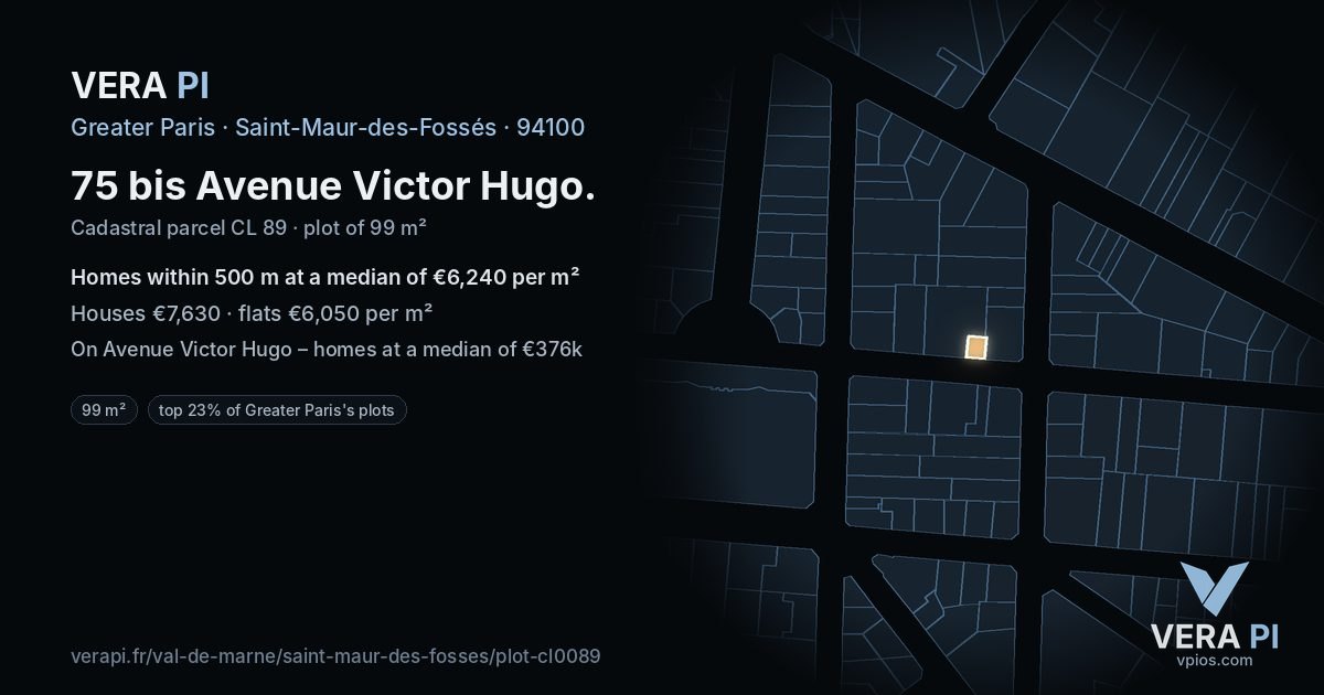 75 bis Avenue Victor Hugo, Saint-Maur-des-Fossés at night – the plot lit, the parcels around coloured by the prices near them