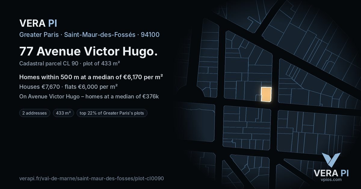 77 Avenue Victor Hugo, Saint-Maur-des-Fossés at night – the plot lit, the parcels around coloured by the prices near them