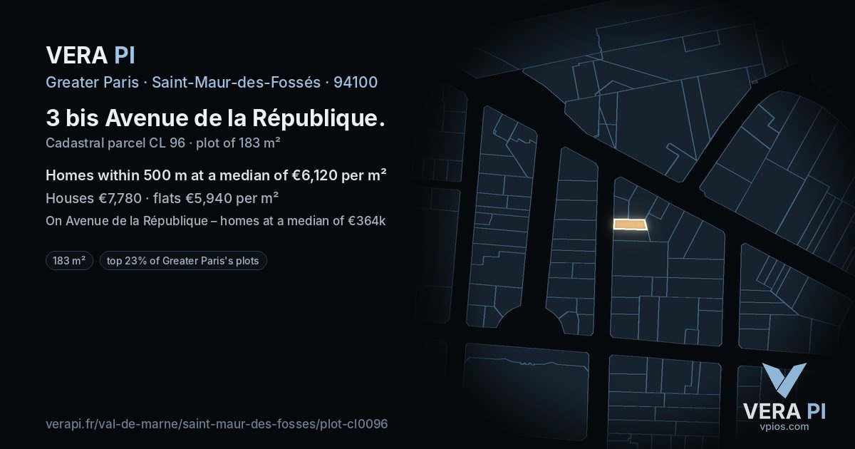 3 bis Avenue de la République, Saint-Maur-des-Fossés at night – the plot lit, the parcels around coloured by the prices near them