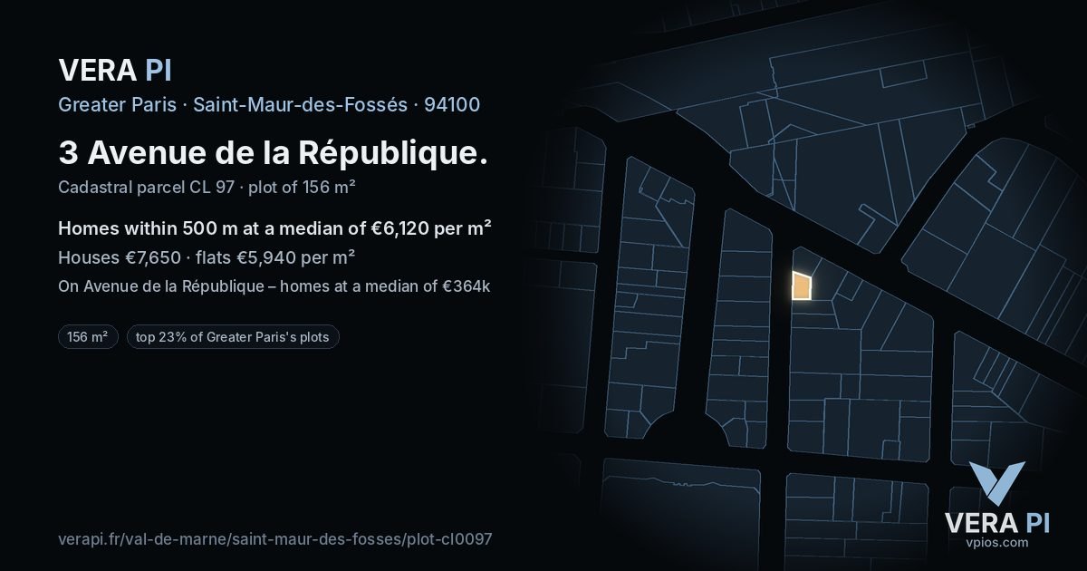 3 Avenue de la République, Saint-Maur-des-Fossés at night – the plot lit, the parcels around coloured by the prices near them