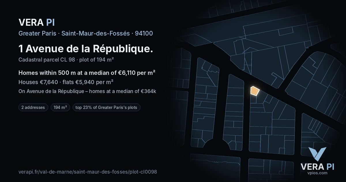 1 Avenue de la République, Saint-Maur-des-Fossés at night – the plot lit, the parcels around coloured by the prices near them