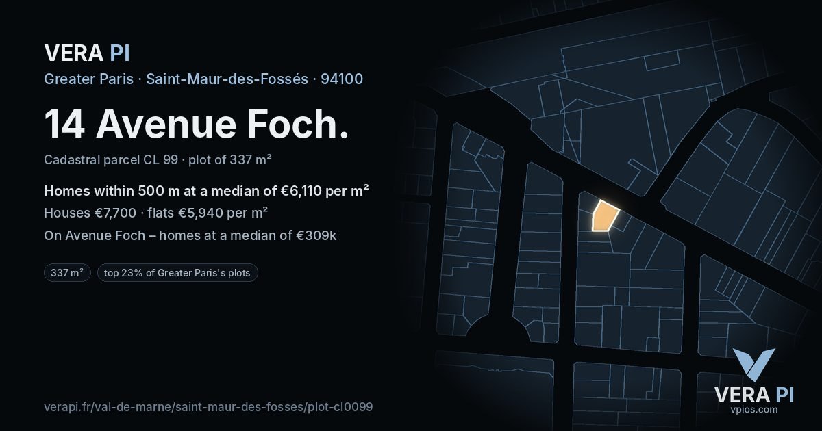 14 Avenue Foch, Saint-Maur-des-Fossés at night – the plot lit, the parcels around coloured by the prices near them