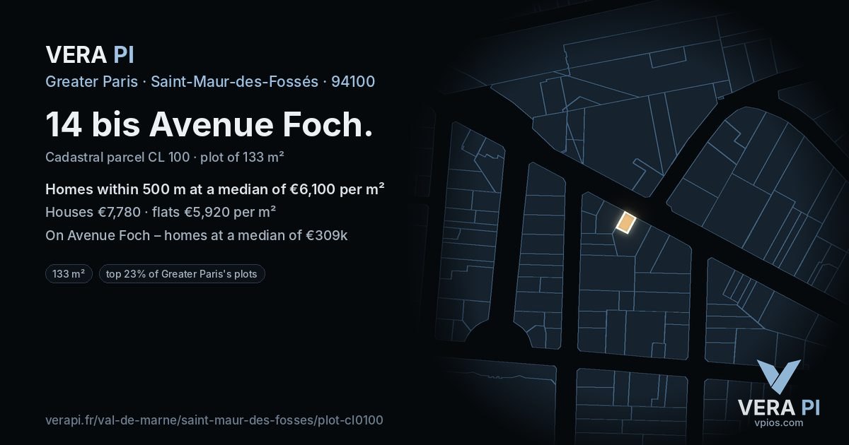 14 bis Avenue Foch, Saint-Maur-des-Fossés at night – the plot lit, the parcels around coloured by the prices near them
