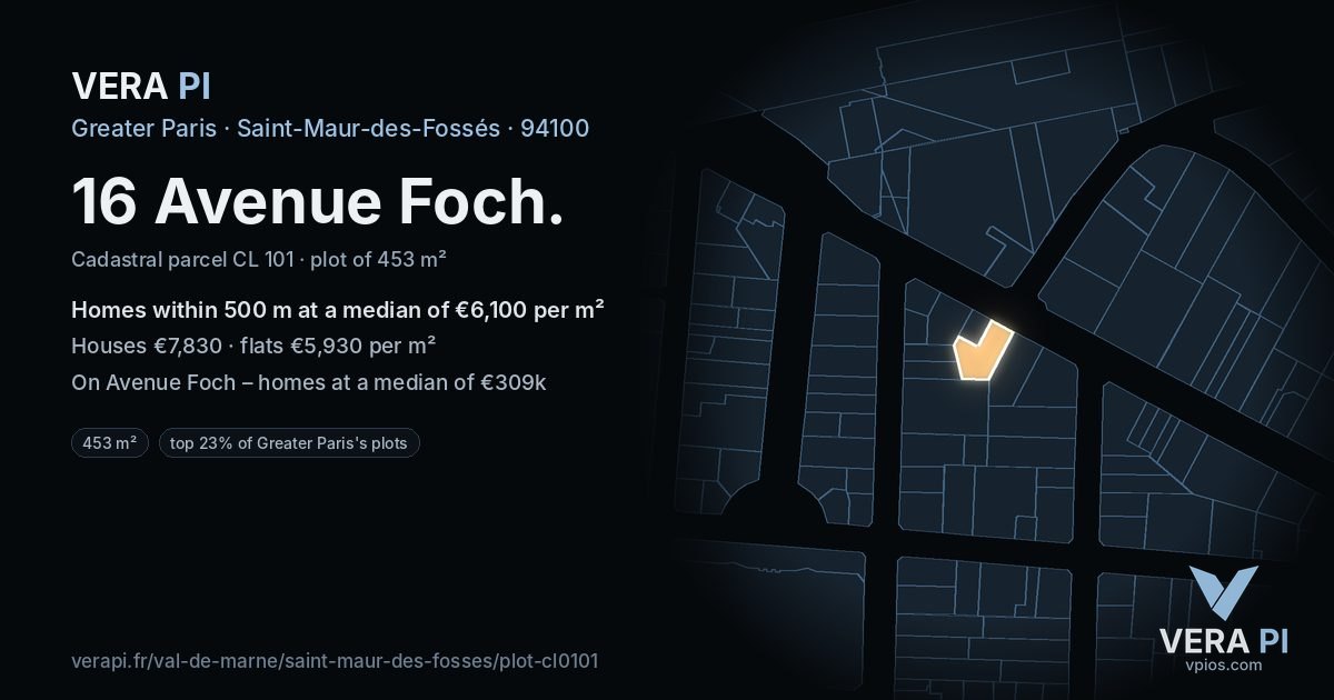 16 Avenue Foch, Saint-Maur-des-Fossés at night – the plot lit, the parcels around coloured by the prices near them