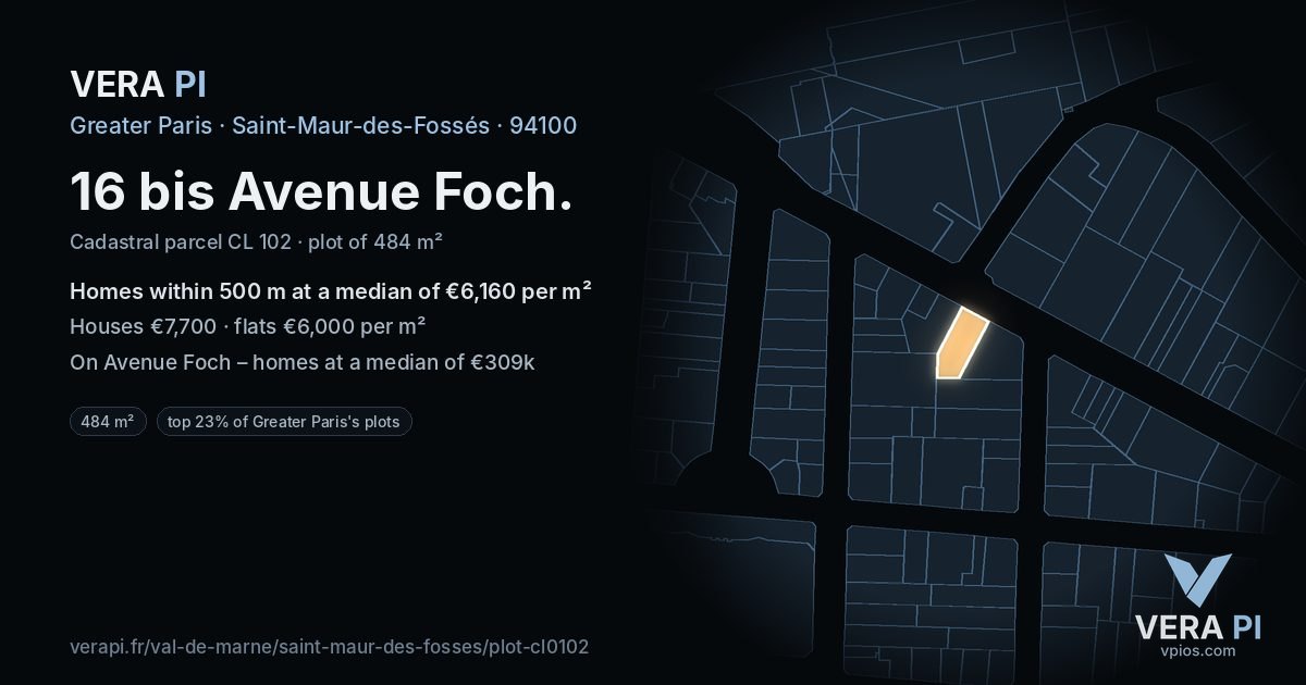 16 bis Avenue Foch, Saint-Maur-des-Fossés at night – the plot lit, the parcels around coloured by the prices near them
