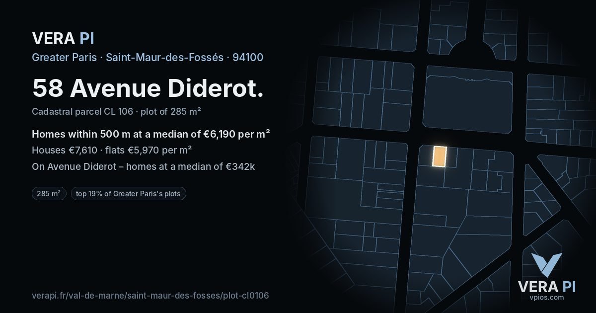 58 Avenue Diderot, Saint-Maur-des-Fossés at night – the plot lit, the parcels around coloured by the prices near them