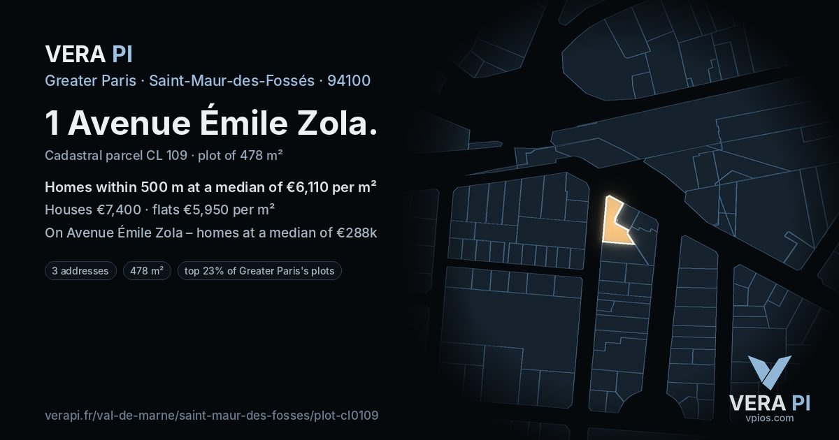 1 Avenue Émile Zola, Saint-Maur-des-Fossés at night – the plot lit, the parcels around coloured by the prices near them