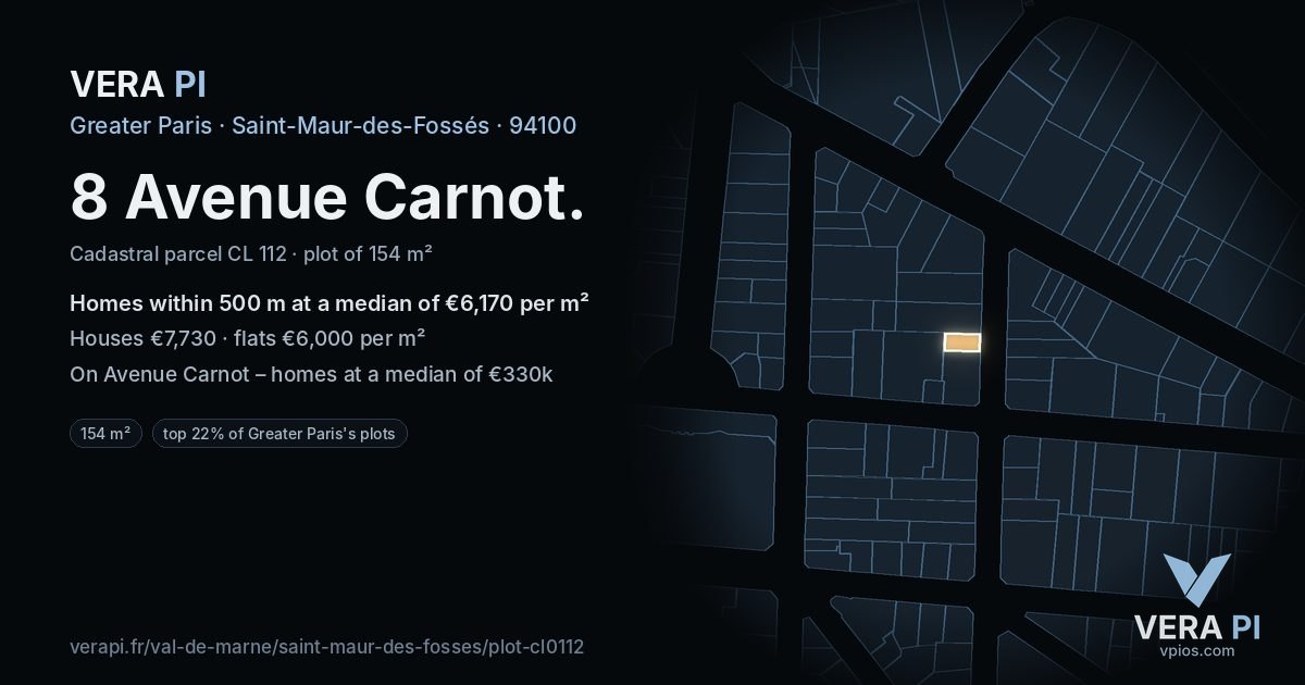 8 Avenue Carnot, Saint-Maur-des-Fossés at night – the plot lit, the parcels around coloured by the prices near them