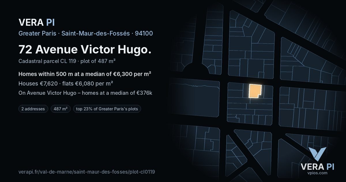 72 Avenue Victor Hugo, Saint-Maur-des-Fossés at night – the plot lit, the parcels around coloured by the prices near them