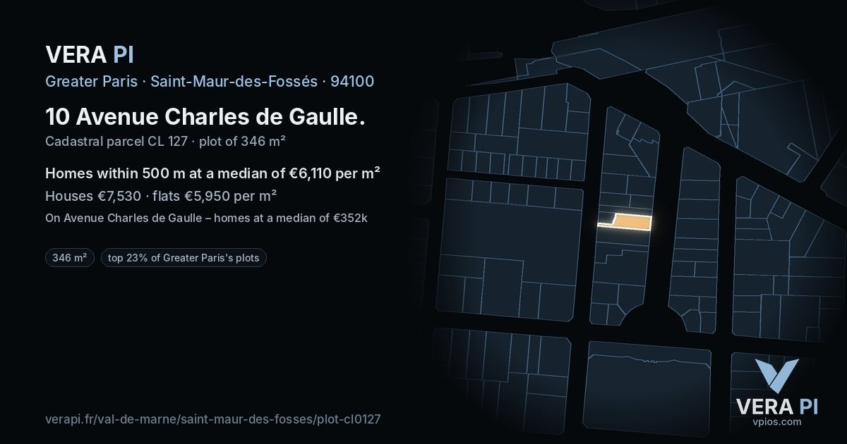 10 Avenue Charles de Gaulle, Saint-Maur-des-Fossés at night – the plot lit, the parcels around coloured by the prices near them