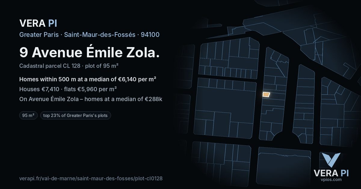 9 Avenue Émile Zola, Saint-Maur-des-Fossés at night – the plot lit, the parcels around coloured by the prices near them