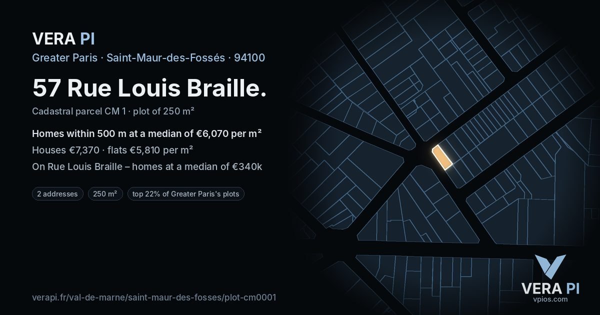 57 Rue Louis Braille, Saint-Maur-des-Fossés at night – the plot lit, the parcels around coloured by the prices near them