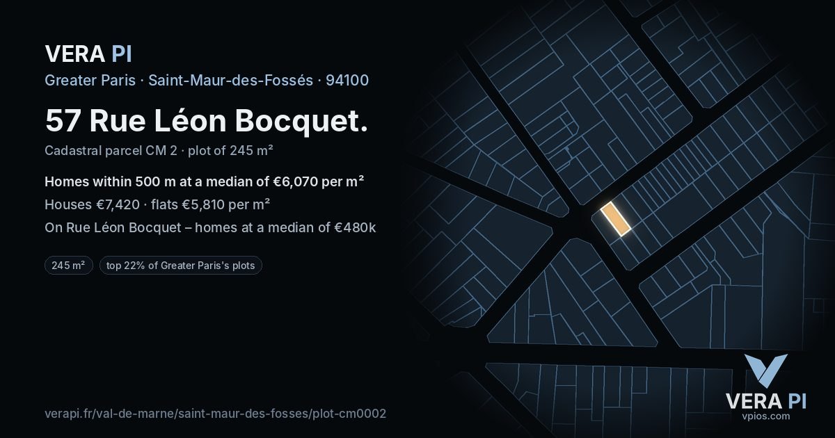 57 Rue Léon Bocquet, Saint-Maur-des-Fossés at night – the plot lit, the parcels around coloured by the prices near them