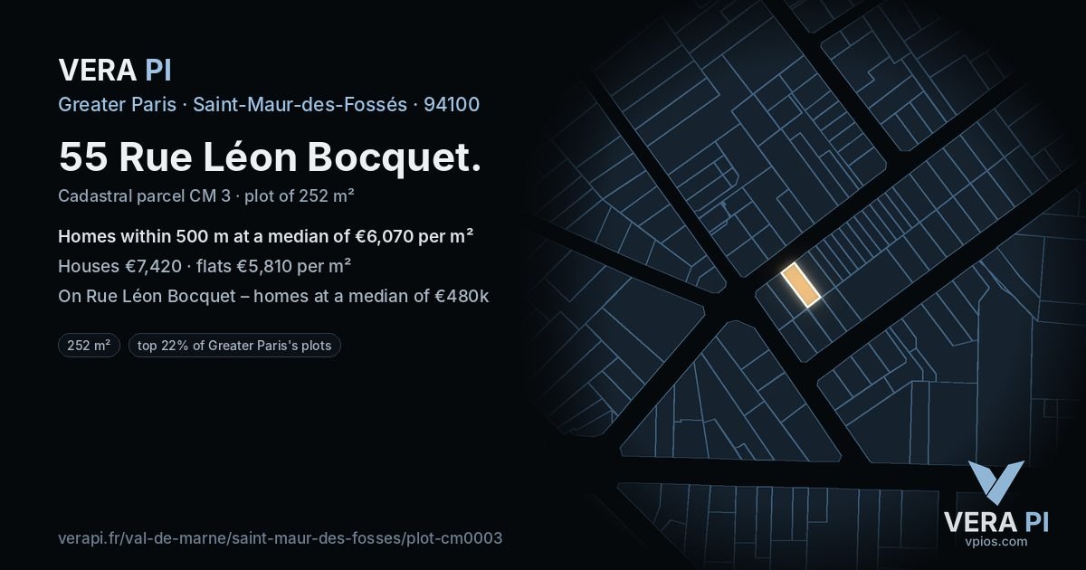 55 Rue Léon Bocquet, Saint-Maur-des-Fossés at night – the plot lit, the parcels around coloured by the prices near them