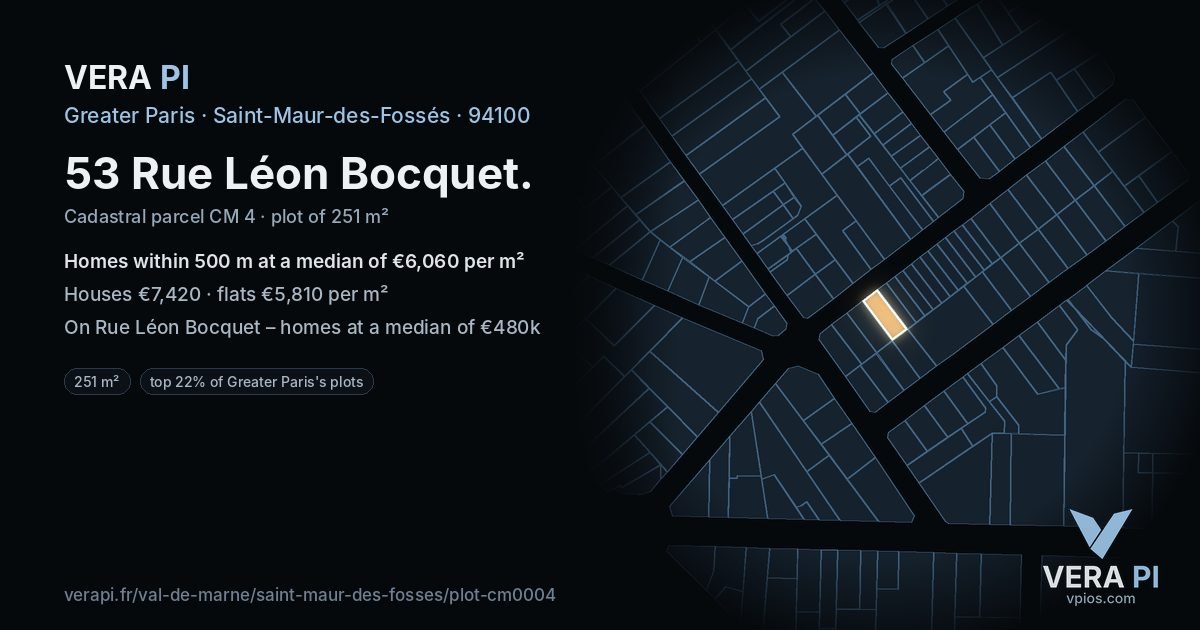 53 Rue Léon Bocquet, Saint-Maur-des-Fossés at night – the plot lit, the parcels around coloured by the prices near them