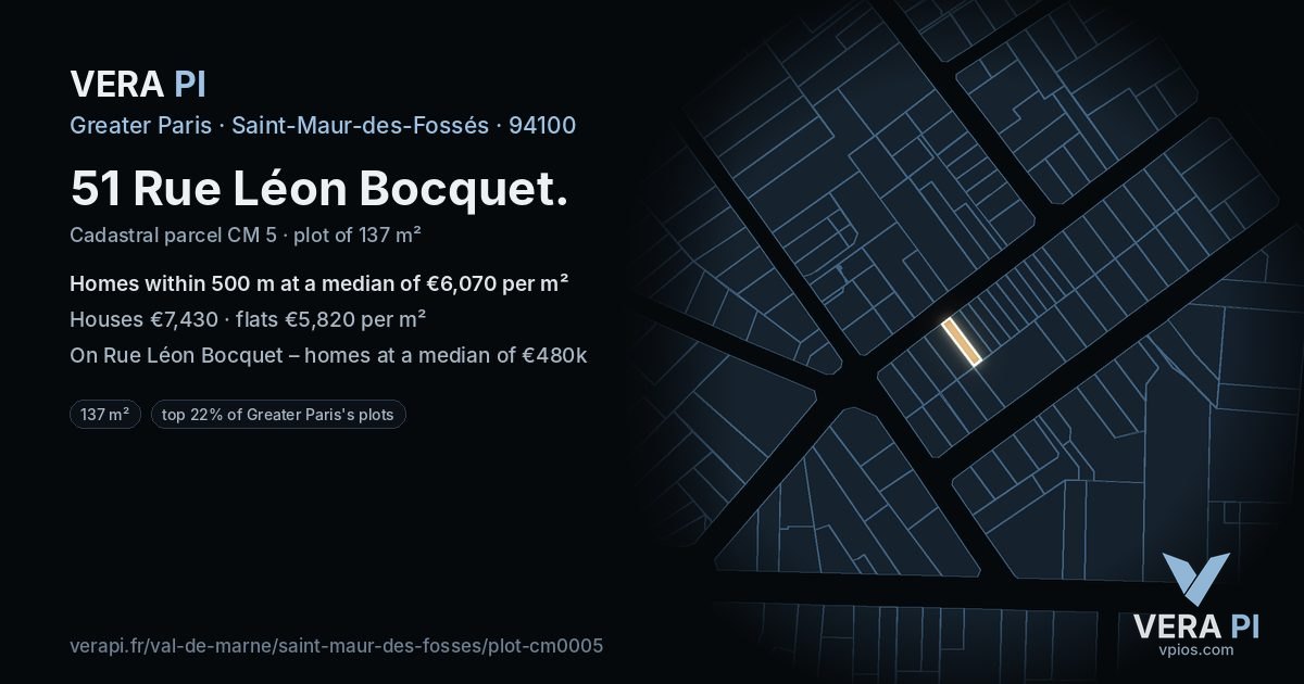 51 Rue Léon Bocquet, Saint-Maur-des-Fossés at night – the plot lit, the parcels around coloured by the prices near them