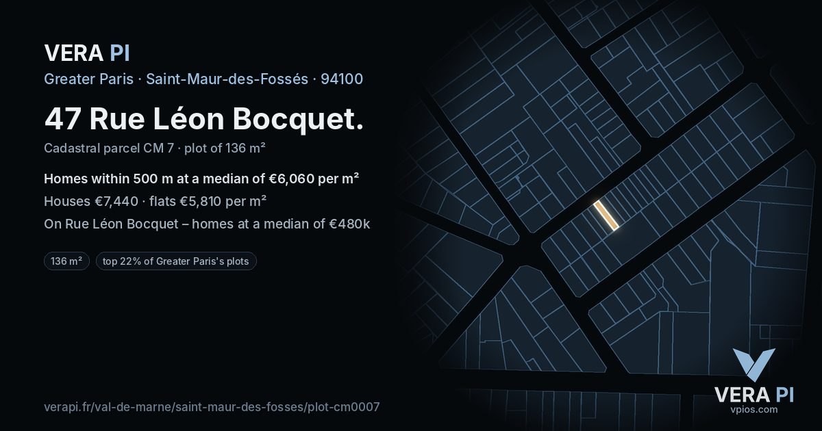 47 Rue Léon Bocquet, Saint-Maur-des-Fossés at night – the plot lit, the parcels around coloured by the prices near them