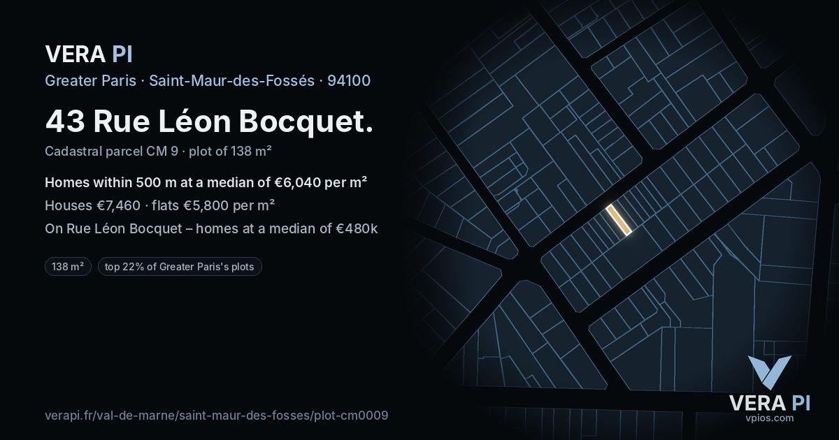 43 Rue Léon Bocquet, Saint-Maur-des-Fossés at night – the plot lit, the parcels around coloured by the prices near them