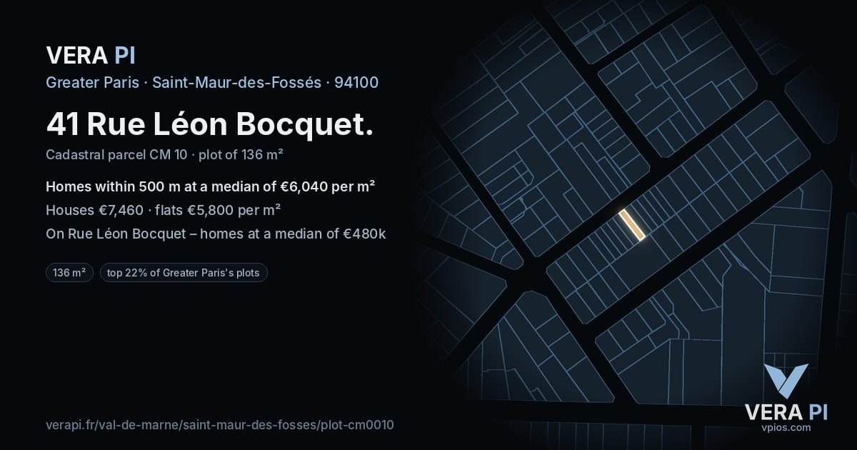 41 Rue Léon Bocquet, Saint-Maur-des-Fossés at night – the plot lit, the parcels around coloured by the prices near them