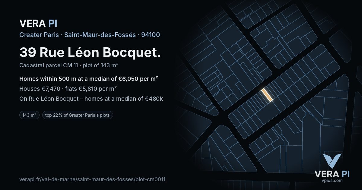 39 Rue Léon Bocquet, Saint-Maur-des-Fossés at night – the plot lit, the parcels around coloured by the prices near them