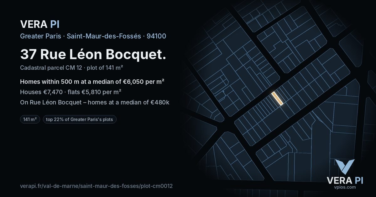 37 Rue Léon Bocquet, Saint-Maur-des-Fossés at night – the plot lit, the parcels around coloured by the prices near them