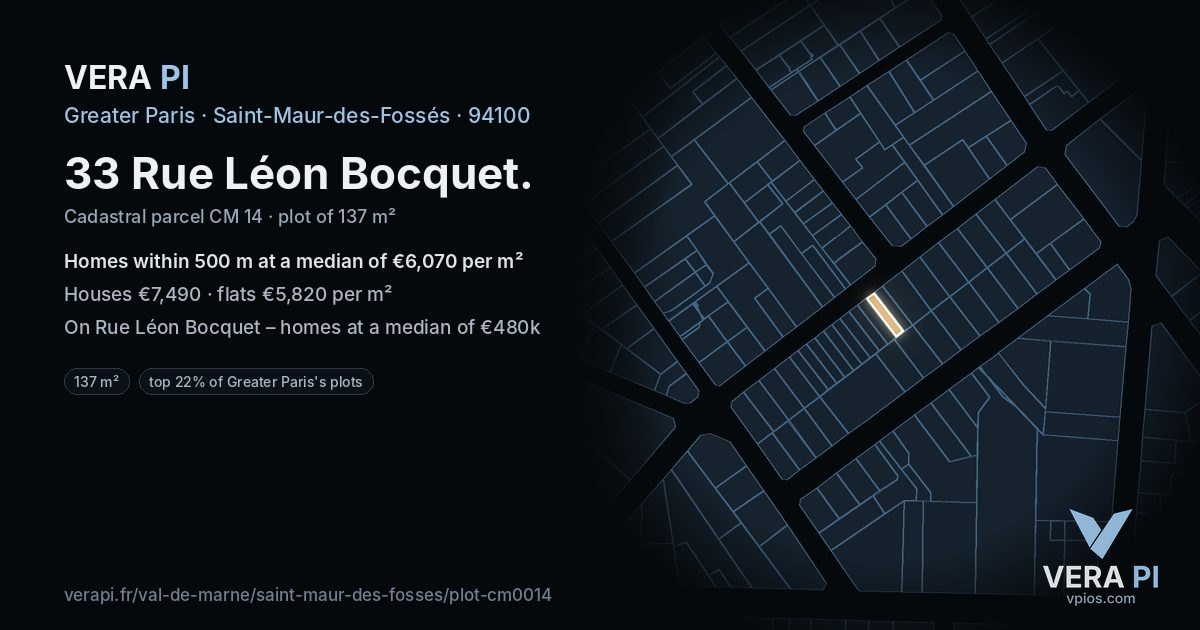 33 Rue Léon Bocquet, Saint-Maur-des-Fossés at night – the plot lit, the parcels around coloured by the prices near them