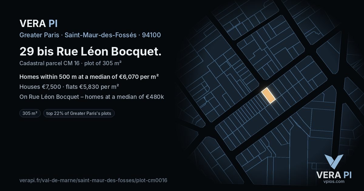 29 bis Rue Léon Bocquet, Saint-Maur-des-Fossés at night – the plot lit, the parcels around coloured by the prices near them