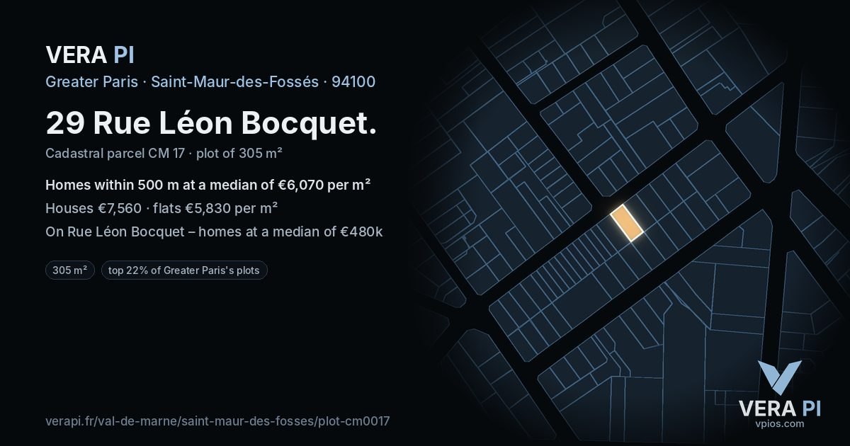 29 Rue Léon Bocquet, Saint-Maur-des-Fossés at night – the plot lit, the parcels around coloured by the prices near them