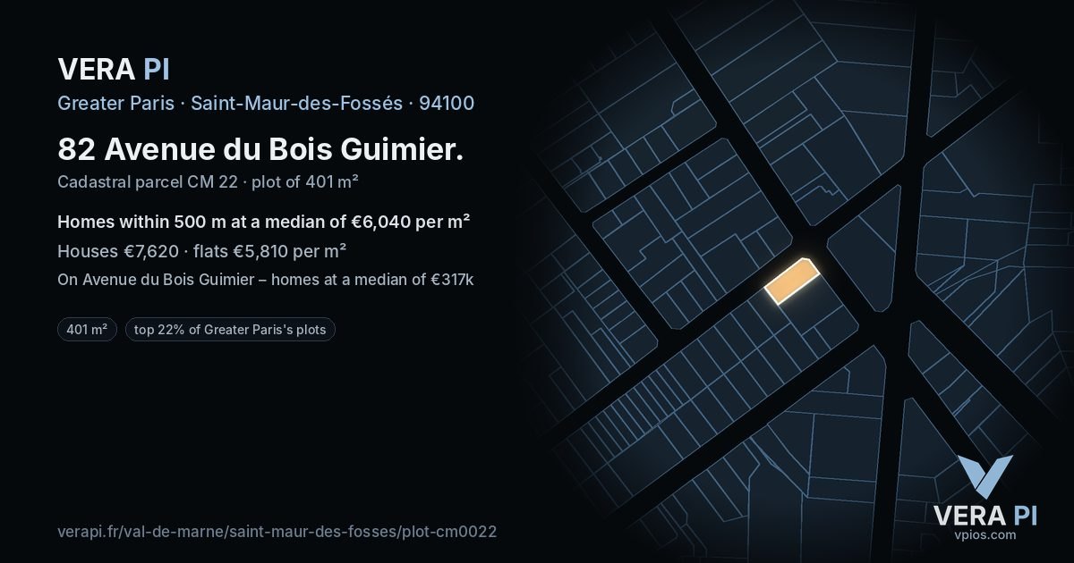 82 Avenue du Bois Guimier, Saint-Maur-des-Fossés at night – the plot lit, the parcels around coloured by the prices near them