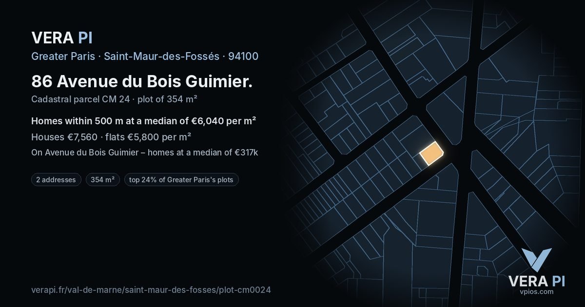 86 Avenue du Bois Guimier, Saint-Maur-des-Fossés at night – the plot lit, the parcels around coloured by the prices near them