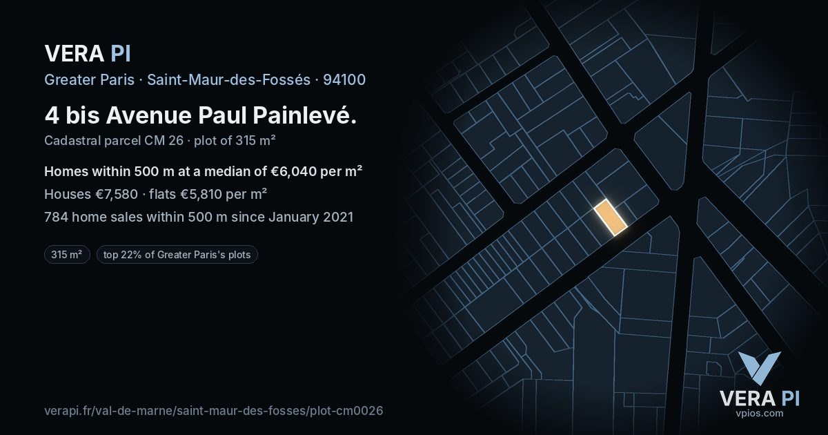 4 bis Avenue Paul Painlevé, Saint-Maur-des-Fossés at night – the plot lit, the parcels around coloured by the prices near them