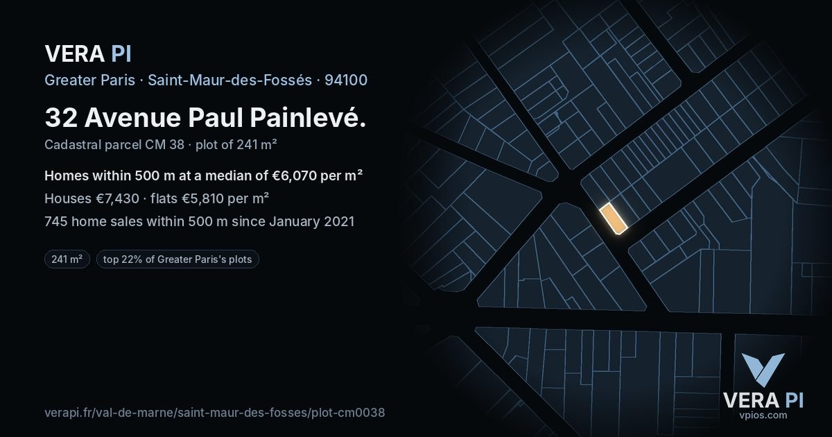 32 Avenue Paul Painlevé, Saint-Maur-des-Fossés at night – the plot lit, the parcels around coloured by the prices near them