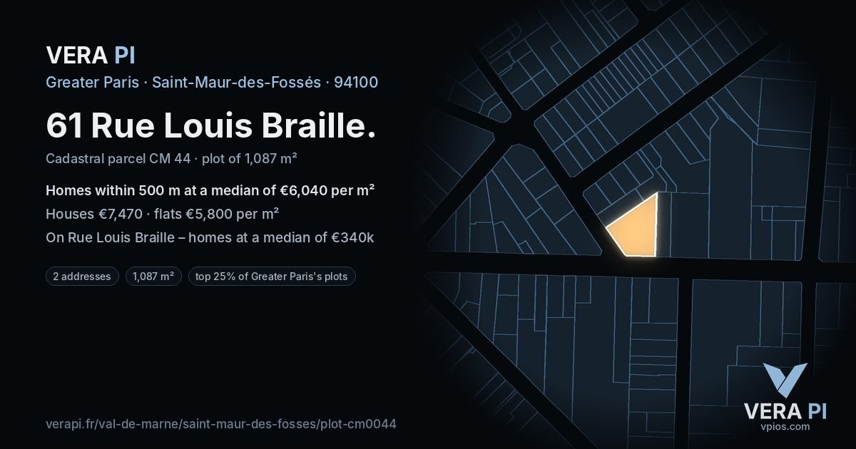 61 Rue Louis Braille, Saint-Maur-des-Fossés at night – the plot lit, the parcels around coloured by the prices near them