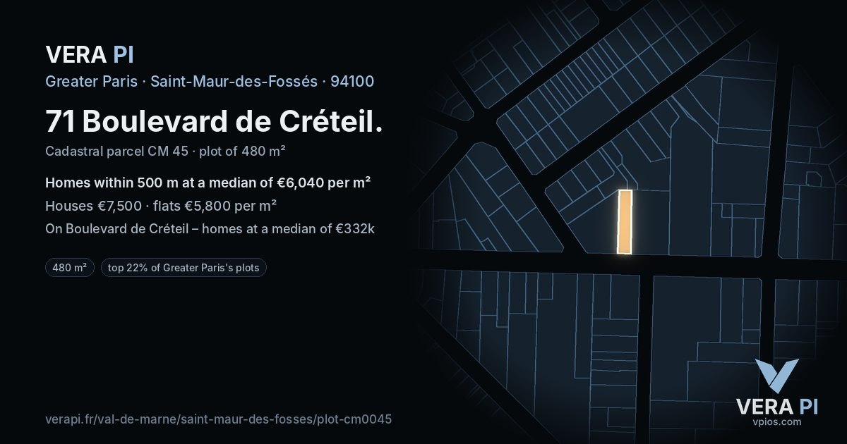 71 Boulevard de Créteil, Saint-Maur-des-Fossés at night – the plot lit, the parcels around coloured by the prices near them