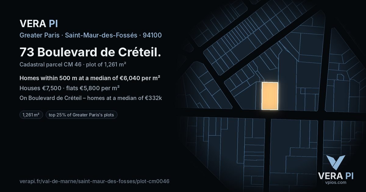 73 Boulevard de Créteil, Saint-Maur-des-Fossés at night – the plot lit, the parcels around coloured by the prices near them