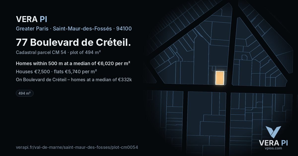 77 Boulevard de Créteil, Saint-Maur-des-Fossés at night – the plot lit, the parcels around coloured by the prices near them