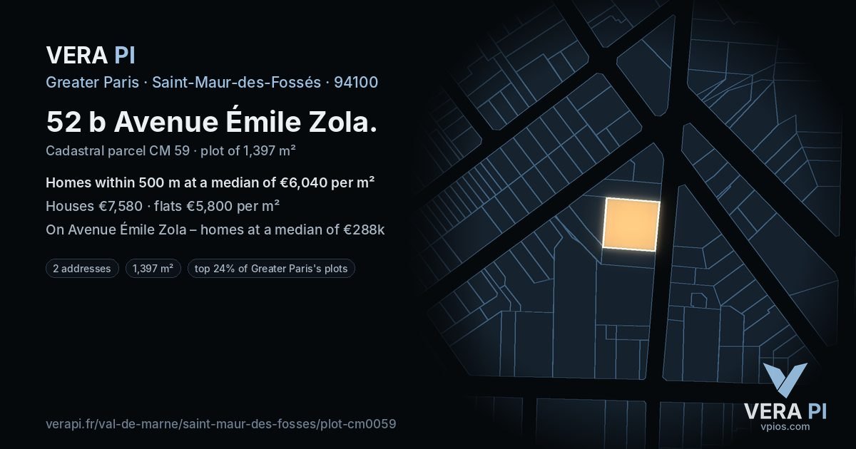 52 b Avenue Émile Zola, Saint-Maur-des-Fossés at night – the plot lit, the parcels around coloured by the prices near them