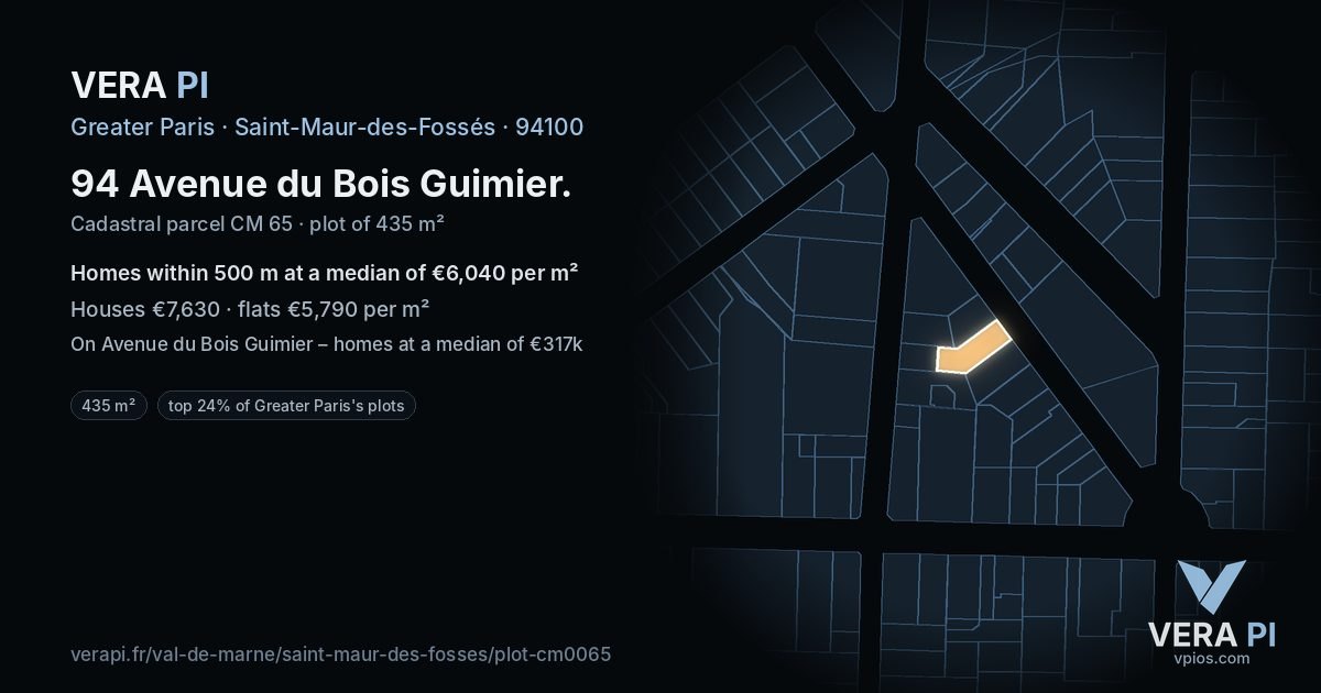 94 Avenue du Bois Guimier, Saint-Maur-des-Fossés at night – the plot lit, the parcels around coloured by the prices near them