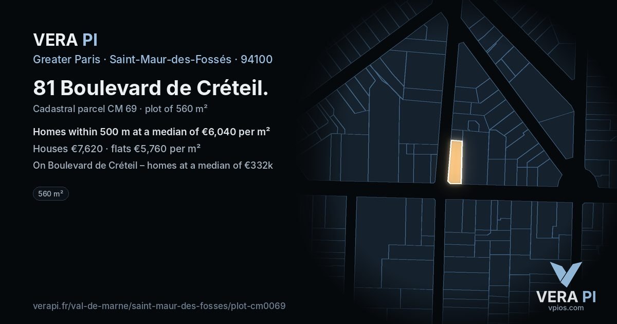 81 Boulevard de Créteil, Saint-Maur-des-Fossés at night – the plot lit, the parcels around coloured by the prices near them