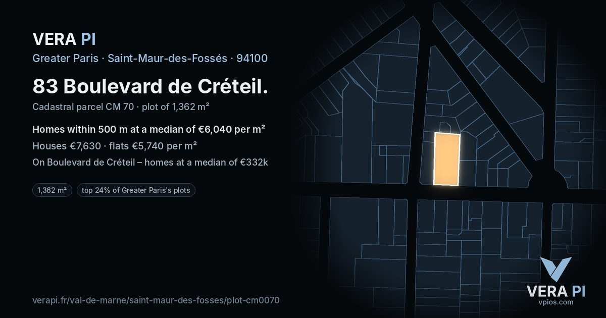 83 Boulevard de Créteil, Saint-Maur-des-Fossés at night – the plot lit, the parcels around coloured by the prices near them