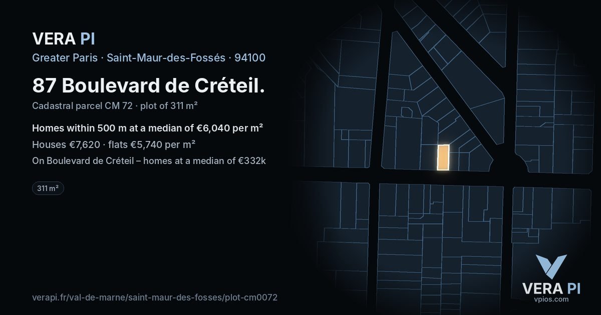 87 Boulevard de Créteil, Saint-Maur-des-Fossés at night – the plot lit, the parcels around coloured by the prices near them