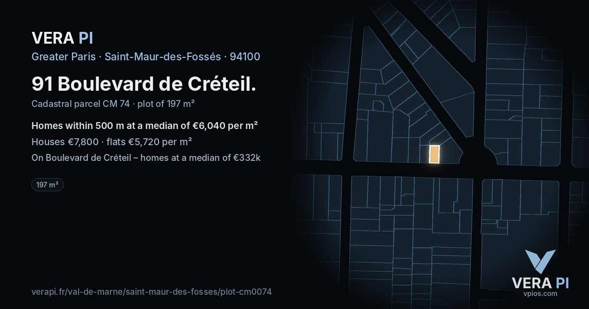 91 Boulevard de Créteil, Saint-Maur-des-Fossés at night – the plot lit, the parcels around coloured by the prices near them