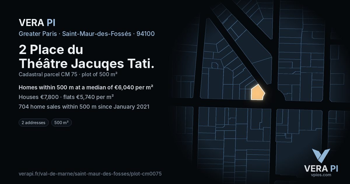 2 Place du Théâtre Jacuqes Tati, Saint-Maur-des-Fossés at night – the plot lit, the parcels around coloured by the prices near them