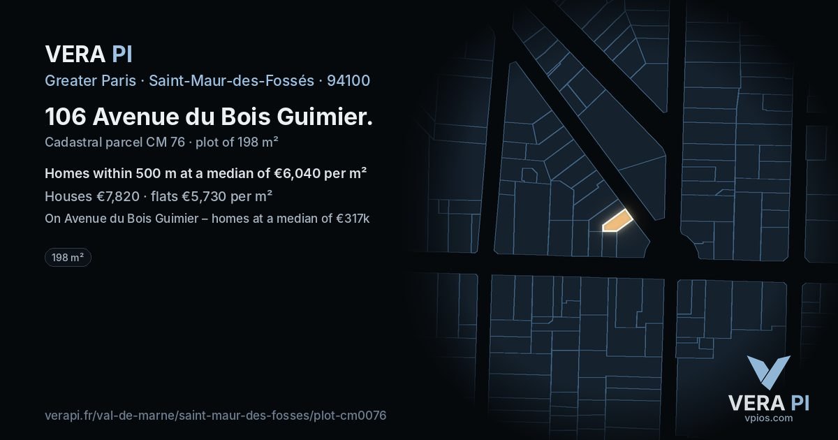 106 Avenue du Bois Guimier, Saint-Maur-des-Fossés at night – the plot lit, the parcels around coloured by the prices near them