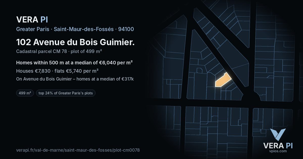 102 Avenue du Bois Guimier, Saint-Maur-des-Fossés at night – the plot lit, the parcels around coloured by the prices near them