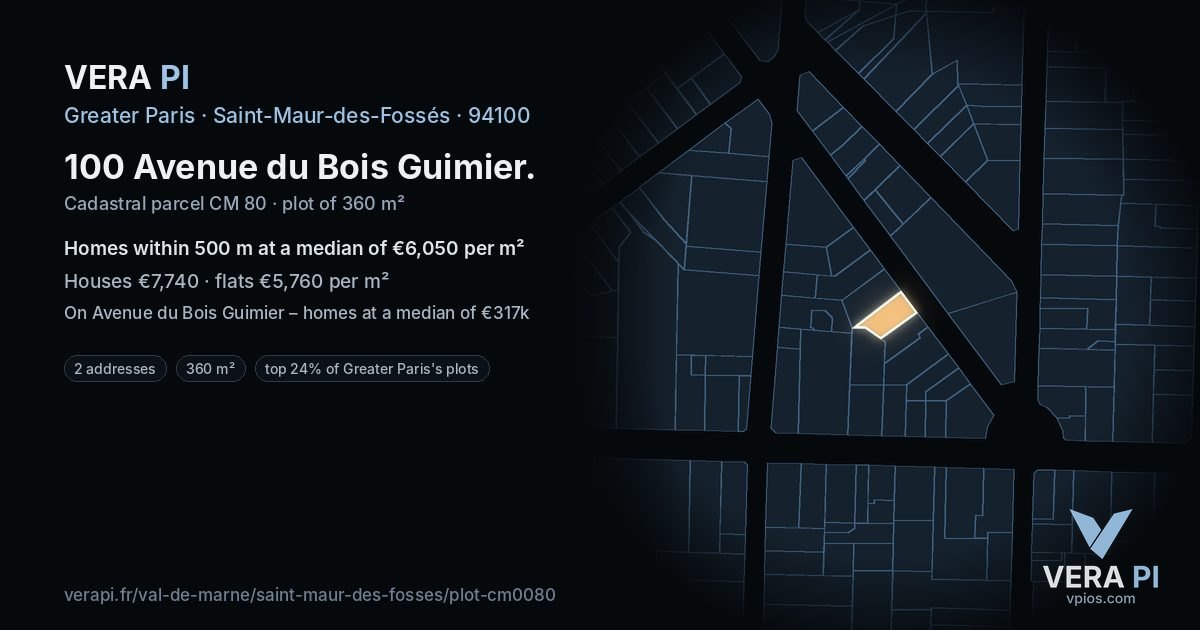 100 Avenue du Bois Guimier, Saint-Maur-des-Fossés at night – the plot lit, the parcels around coloured by the prices near them