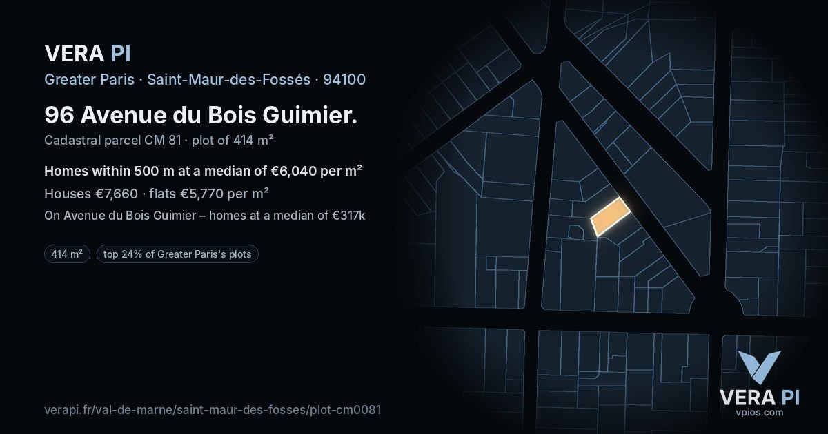 96 Avenue du Bois Guimier, Saint-Maur-des-Fossés at night – the plot lit, the parcels around coloured by the prices near them